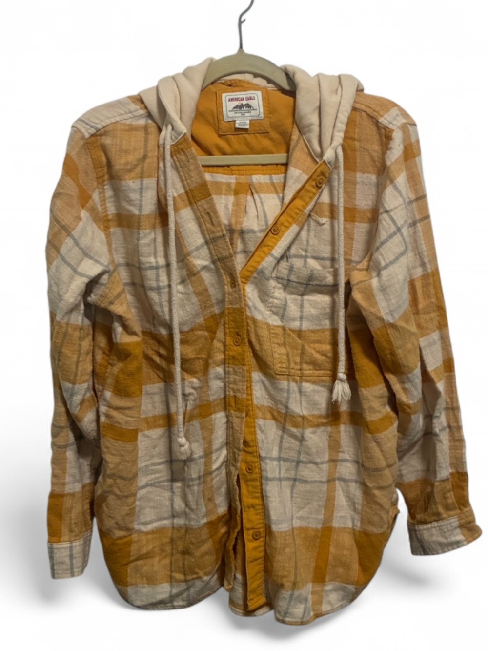 American Eagle Outfitters Yellow Cream Plaid Hooded Long Sleeve Button Shirt